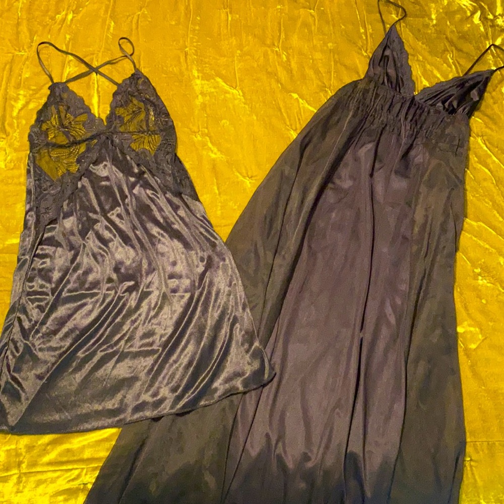 VINTAGE black maxi peignoir nightgown slip dress with 2 bonus silky nylon small